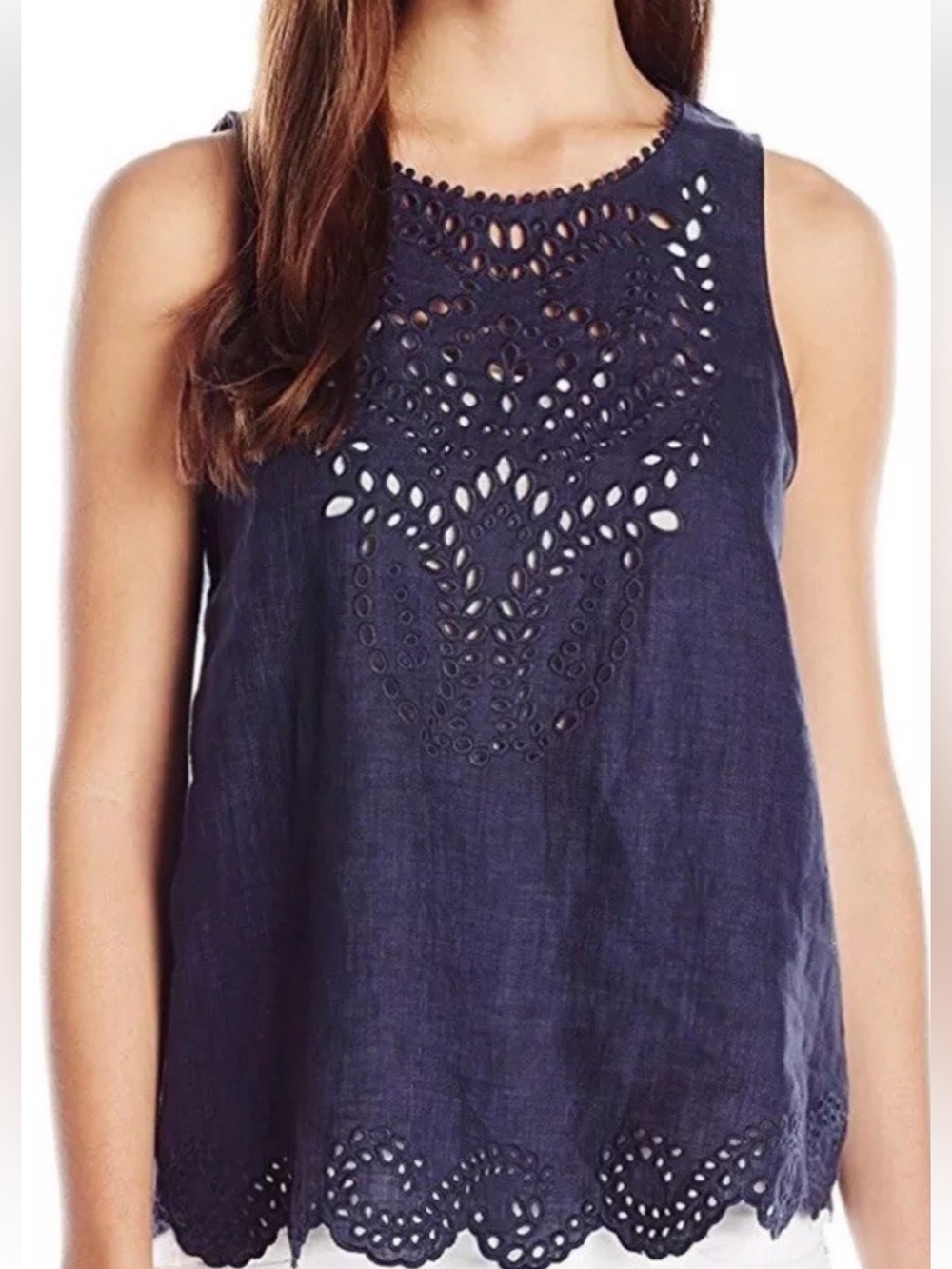 Joie Navy Eyelet Sleeveless  100% linen Top size small